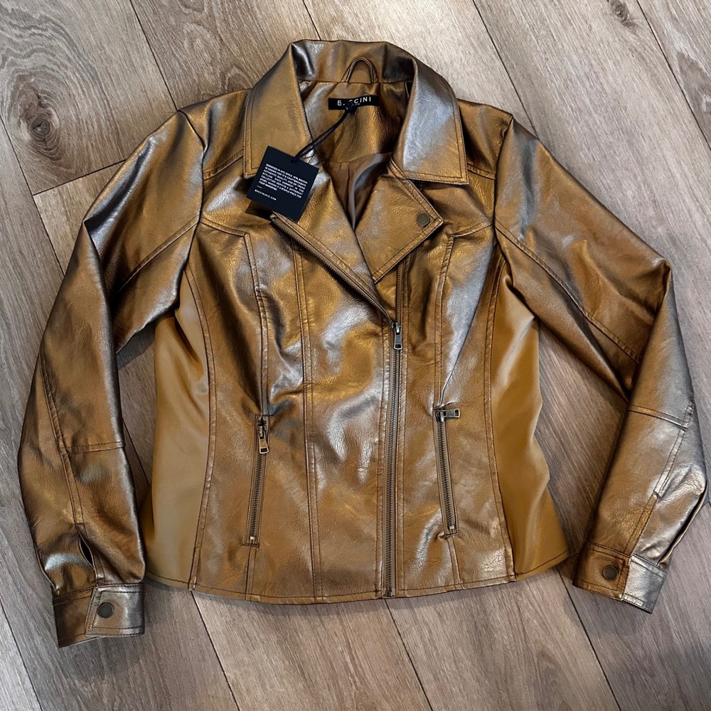 Baccini Womens Metallic Bronze Faux Leather Scuba Panel Moto Jacket Medium NWT